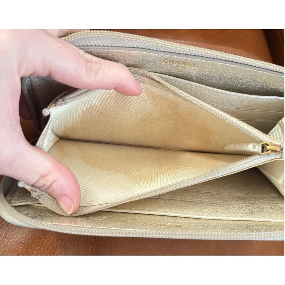 Chanel Timeless CC Zip Around Long Wallet Metallic Champagne Gold Leather Italy